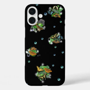 Funda iPhone 16 Plus Mariposas con hojas, lluvias, estrellas y perlas