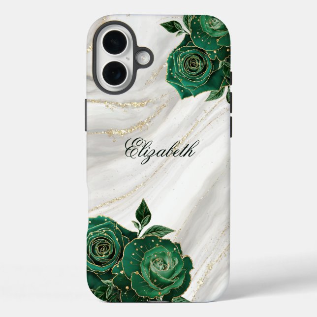Funda iPhone 16 Plus Mármol blanco floral de oro verde (Reverso )