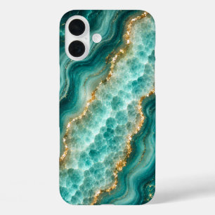 Funda iPhone 16 Plus Mármol de ágata turquesa de lujo con vetas de oro