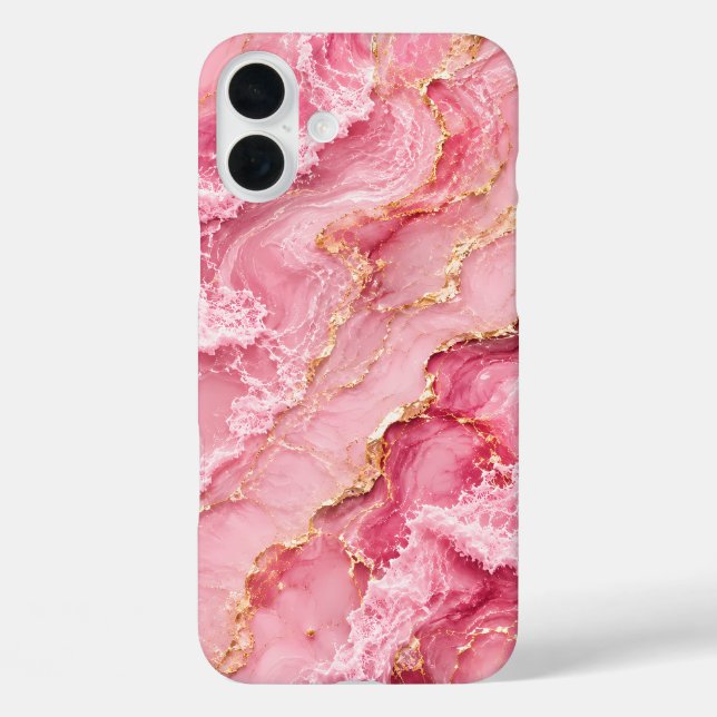 Funda iPhone 16 Plus Mármol de Océano Rosa de Lujo con Venas Doradas (Reverso )