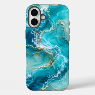 Funda iPhone 16 Plus Mármol de océano turquesa de lujo con olas de lámi