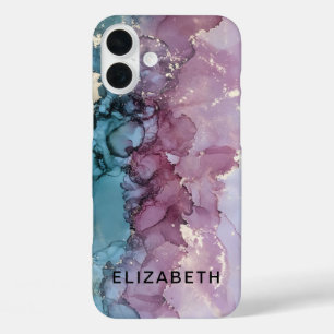 Funda iPhone 16 Plus mármol dorado rosa azul y polvoriento personalizad