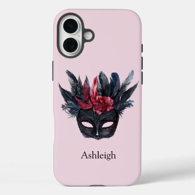 Funda iPhone 16 Plus Máscara de plumas rojas negras (Reverso )