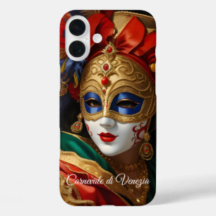 Funda iPhone 16 Plus máscara del Carnaval de Venecia dorada roja azul