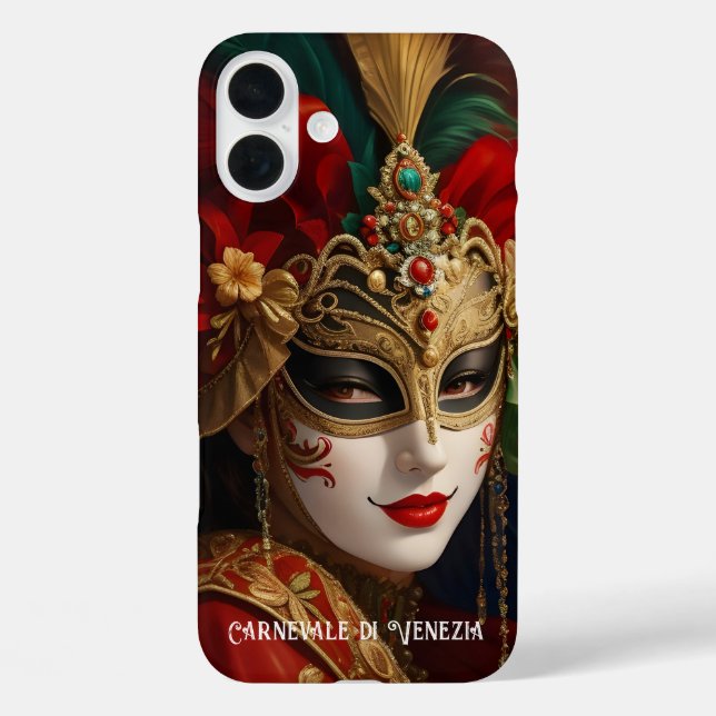 Funda iPhone 16 Plus Máscara del Carnaval de Venecia roja verde dorada (Reverso )