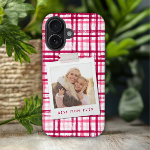 Funda iPhone 16 Plus Mejor Mamá del Mundo Foto Patrón Rojo Rosa Moderno