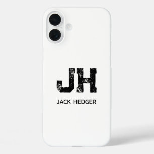 FUNDA iPhone 16 PLUS MINIMALISTA NEGRA DOS LETRAS MONOGRAMA NOMBRE BLAN