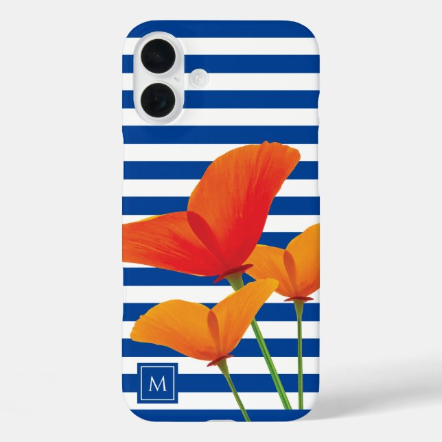 Funda iPhone 16 Plus Moda de amapola Bandas Azules Monograma (Reverso )