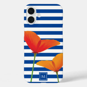 Funda iPhone 16 Plus Moda de amapola Bandas Azules Monograma