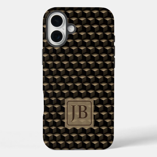 Funda iPhone 16 Plus Modern 3D Monogram, Geometric Bronze Pattern (Reverso )