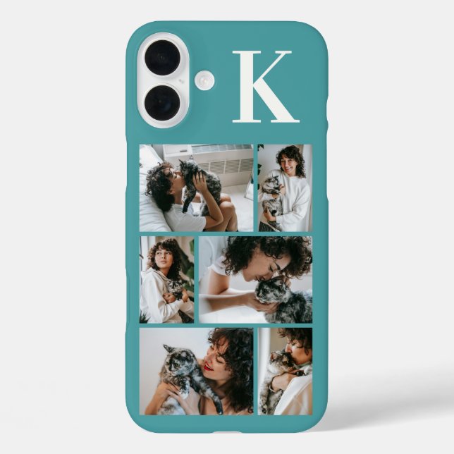 Funda iPhone 16 Plus Moderno Foto de 6 Mascotas Verde Turquesa (Reverso )