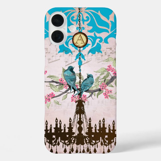 Funda iPhone 16 Plus Monograma Cherry Blossom Bird Chandelier iPhone (Reverso )