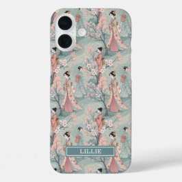Funda iPhone 16 Plus Monograma con patrón de Geisha Sakura Japonesa