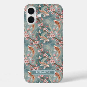 Funda iPhone 16 Plus Monograma con patrón de pez Koi de Sakura japonesa