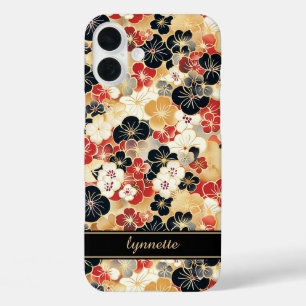 Funda iPhone 16 Plus Monograma con patrón floral dorado japonés