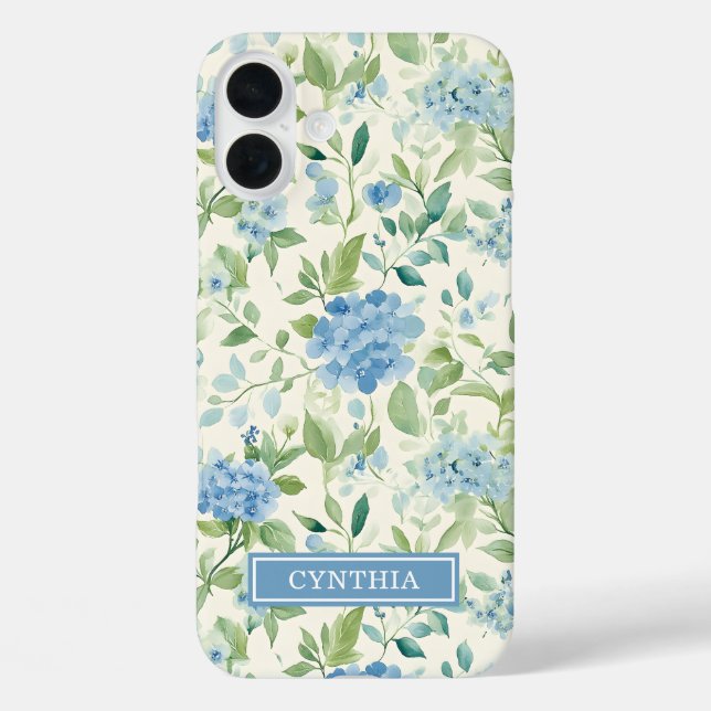 Funda iPhone 16 Plus Monograma de Acuarela de Hortensia Azul (Reverso )