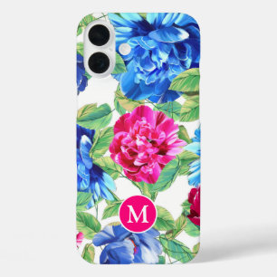 Funda iPhone 16 Plus Monograma de Bonito floral azul y rosa brillante