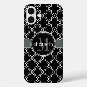 Funda iPhone 16 Plus Monograma de cuatrefolios marroquíes blancos negro
