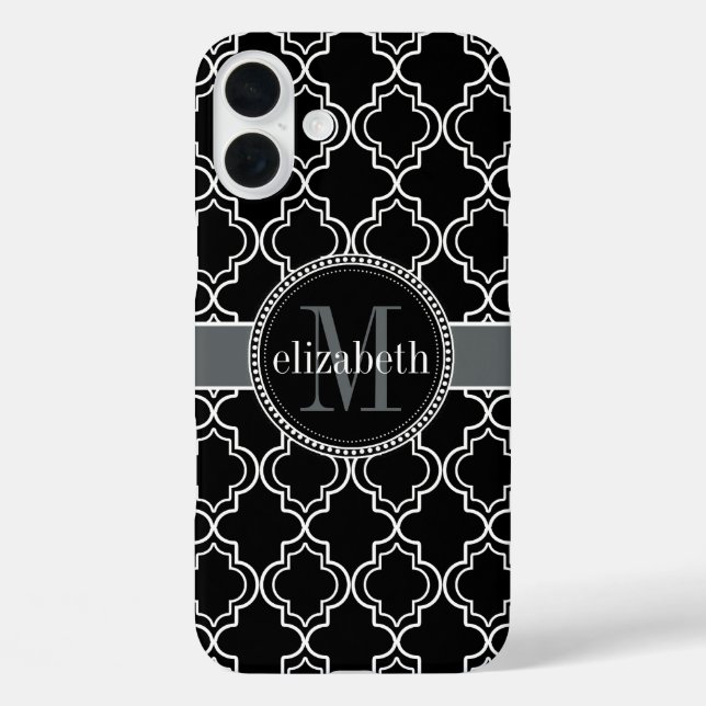 Funda iPhone 16 Plus Monograma de cuatrefolios marroquíes blancos negro (Reverso )