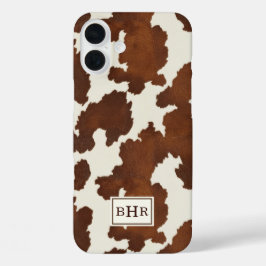 Funda iPhone 16 Plus Monograma de Cuero de Vaca Marrón