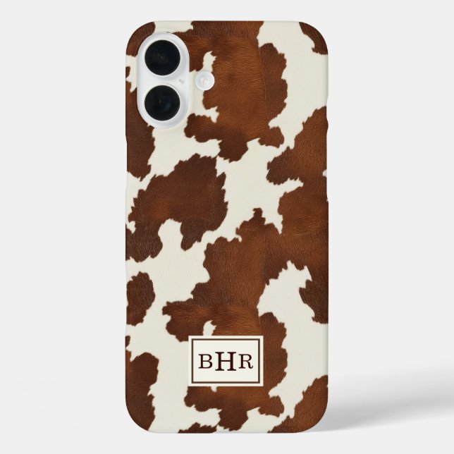 Funda iPhone 16 Plus Monograma de Cuero de Vaca Marrón (Reverso )
