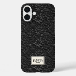 Funda iPhone 16 Plus Monograma de cuero negro vintage trabajado