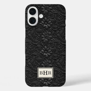 Funda iPhone 16 Plus Monograma de cuero negro vintage trabajado