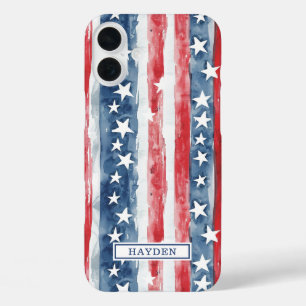 Funda iPhone 16 Plus Monograma de Estrellas y Franjas Patrióticas en Ac