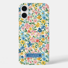 Funda iPhone 16 Plus Monograma de flores azules y amarillas ditsy