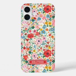 Funda iPhone 16 Plus Monograma de flores ditsy rojas y rosadas