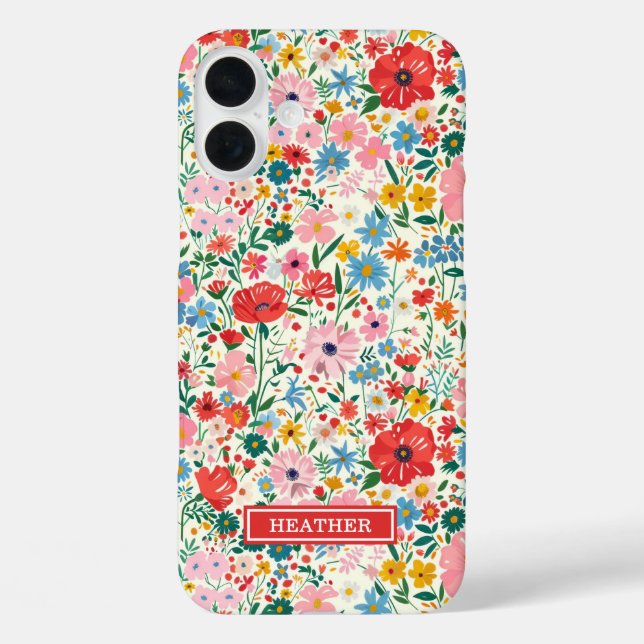Funda iPhone 16 Plus Monograma de flores ditsy rojas y rosadas (Reverso )
