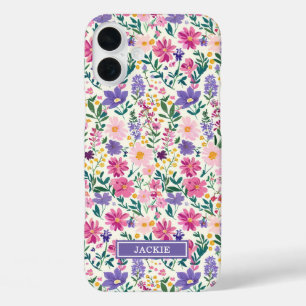 Funda iPhone 16 Plus Monograma de flores ditsy rosas y púrpuras