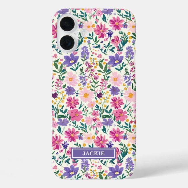 Funda iPhone 16 Plus Monograma de flores ditsy rosas y púrpuras (Reverso )
