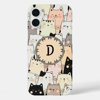 Funda iPhone 16 Plus Monograma de gatos de Ilustracion retro sin soldad