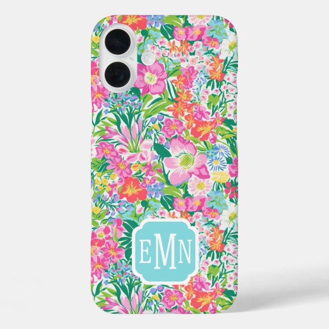 Funda iPhone 16 Plus Monograma de jardín floral rosa (Reverso )