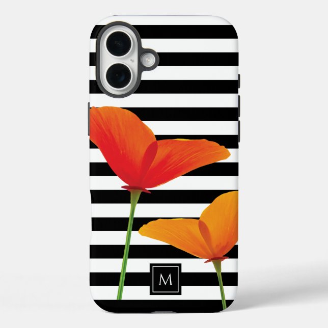 Funda iPhone 16 Plus Monograma de rayas negras de Moda de amapola (Reverso )