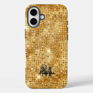 Funda iPhone 16 Plus Monograma elegante del patrón de diamante dorado
