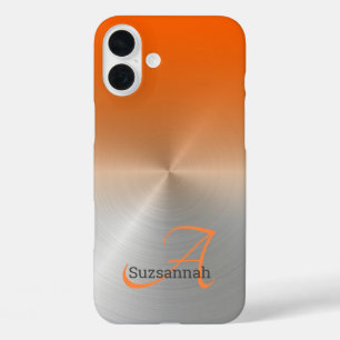 Funda iPhone 16 Plus Monograma Elegante Nombre Naranja Ombre Falso Meta