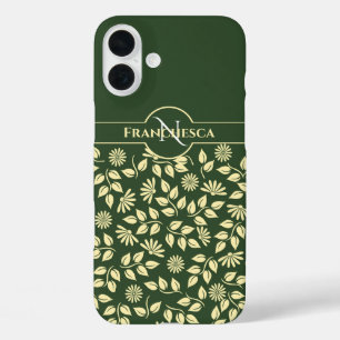 Funda iPhone 16 Plus Monograma Elegante Nombre Personalizado Hojas Marg