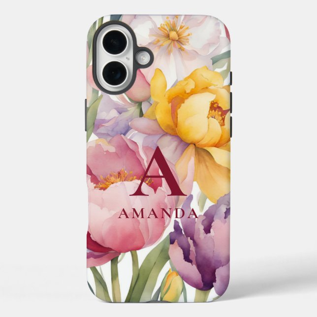 Funda iPhone 16 Plus Monograma floral de primavera (Reverso )