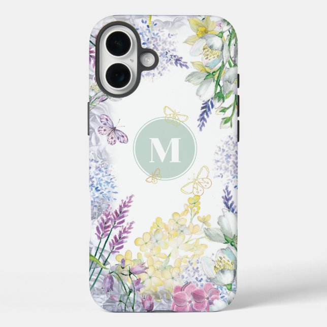 Funda iPhone 16 Plus Monograma floral de primavera pastel (Reverso )