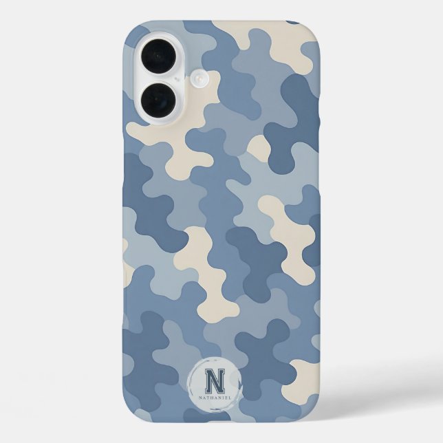 Funda iPhone 16 Plus Monograma militar de Camo Azul (Reverso )