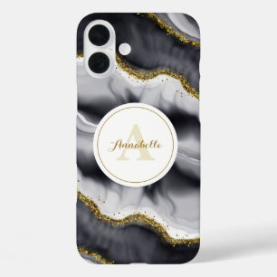 Funda iPhone 16 Plus Monograma negro Purpurina dorado