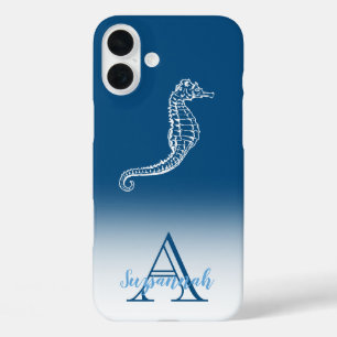 Funda iPhone 16 Plus Monograma Nombre caballito de mar tropical Ombre a