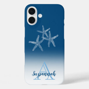 Funda iPhone 16 Plus Monograma Nombre Ombre Azul Estelar Tropical