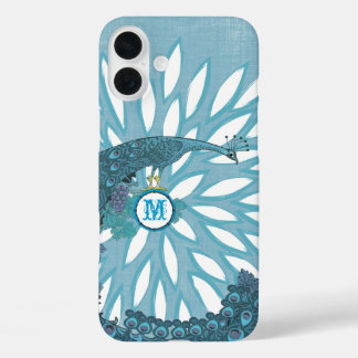 Funda iPhone 16 Plus Monograma pavo real flor moderna Verde azulada