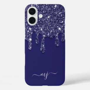 Funda iPhone 16 Plus Monograma personalizado con goteo de brillo azul m