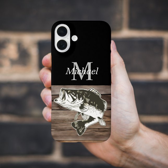 Funda iPhone 16 Plus Monograma personalizado de pesca de bajura Rústica (Bass Fishing iPhone Case Monogram Cool Rustic Outdoors Men)