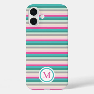 Funda iPhone 16 Plus Monograma rayado del Pastel verde rosa