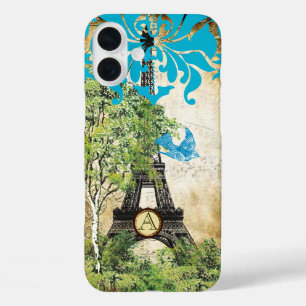 Funda iPhone 16 Plus Monograma Torre Eiffel Vintage Pájaro Damask iPhon